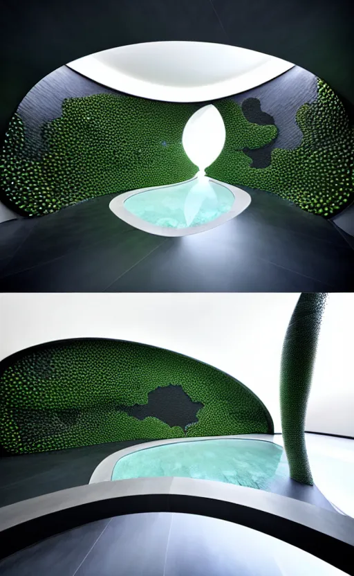 Prompt: villa parametric architecture fluid design, vincent callebaut well - defined style, ultra detailed, monochromatic, natural lighting, volumetric lighting, generative art nebula, cinematic, photo realistic, hyper real, surreal design, flow everywhere, walls made of crystal clear water, droplets on the walls, black metal, magnesium, 8 k,