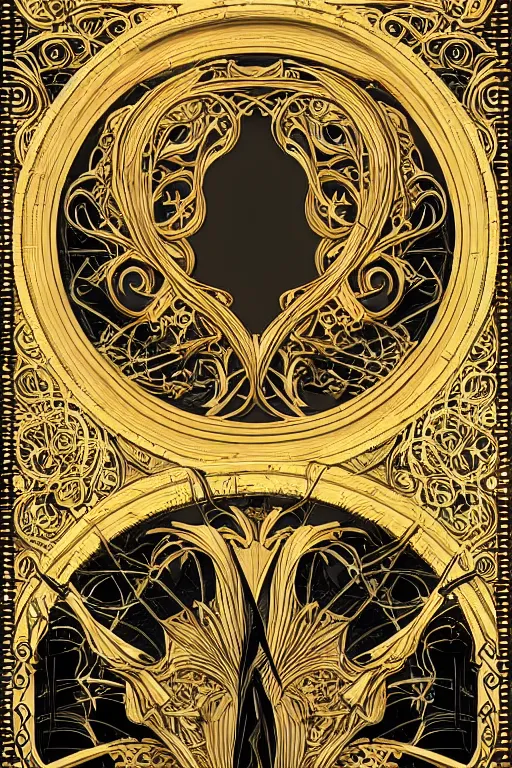 Image similar to an intricate art nouveau canvas frame, with golden entertwined edges and empty black center, highly detailed, artstation, concept art, matte, sharp focus,