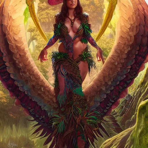 Image similar to quetzalcoatl glowing with magic, quetzal feathers,jungle landscape, D&D, fantasy, intricate, elegant, highly detailed, digital painting, artstation, concept art, matte, sharp focus, illustration, art by Artgerm and Greg Rutkowski and Alphonse Mucha