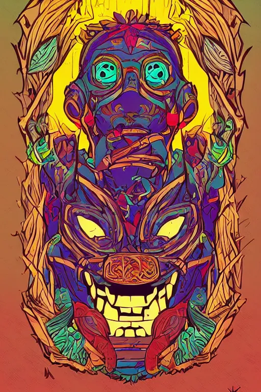 Image similar to animal mask totem roots flower tribal feather gemstone plant wood rock shaman vodoo video game vector cutout illustration vivid multicolor borderlands comics by josan gonzales and dan mumford radiating a glowing aura