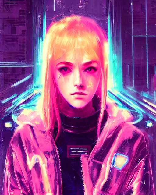 Image similar to detailed portrait katherine mcnamara neon operator girl, cyberpunk futuristic, neon, reflective puffy coat, decorated with traditional japanese by ismail inceoglu dragan bibin hans thoma greg rutkowski alexandros pyromallis nekro rene margitte, illustrated, perfect face, fine details, realistic shaded, fine - face, pretty face