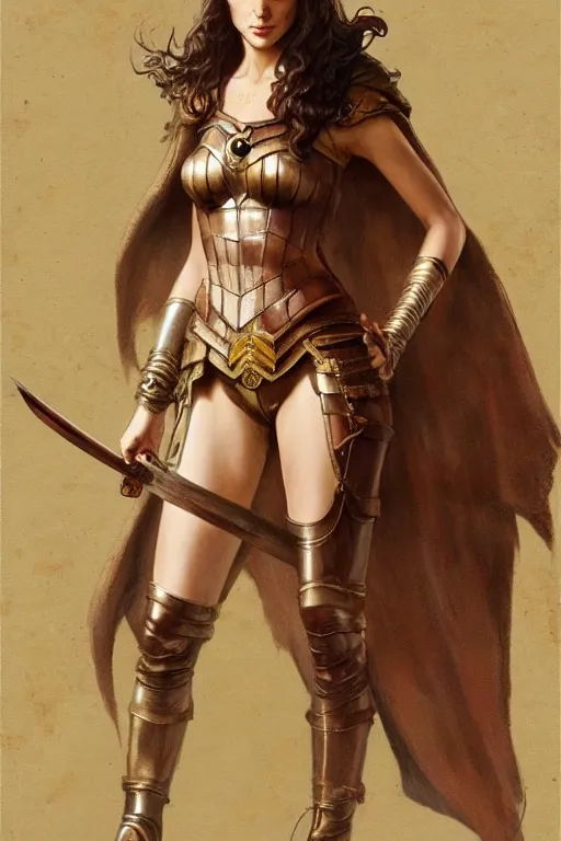 Prompt: highly detailed steampunk gal gadot standing, cape, sword : leonardo da vinci, greg rutkowski, magali villeneuve