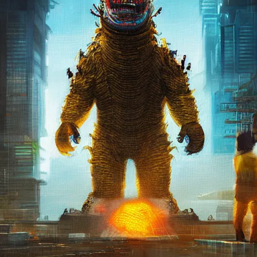 Prompt: an epic painting of minion as godzilla, destroying cyberpunk megapolis, oil on canvas, perfect composition, golden ratio, beautiful detailed, photorealistic, digital painting, concept art, smooth, sharp focus, illustration, fantasy background, artstation trending, octane render, unreal engine