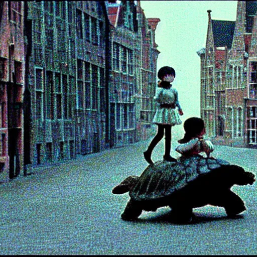 Image similar to A still of a little girl riding on top of a giant tortoise through the streets of Bruges, from the Miyazaki anime movie