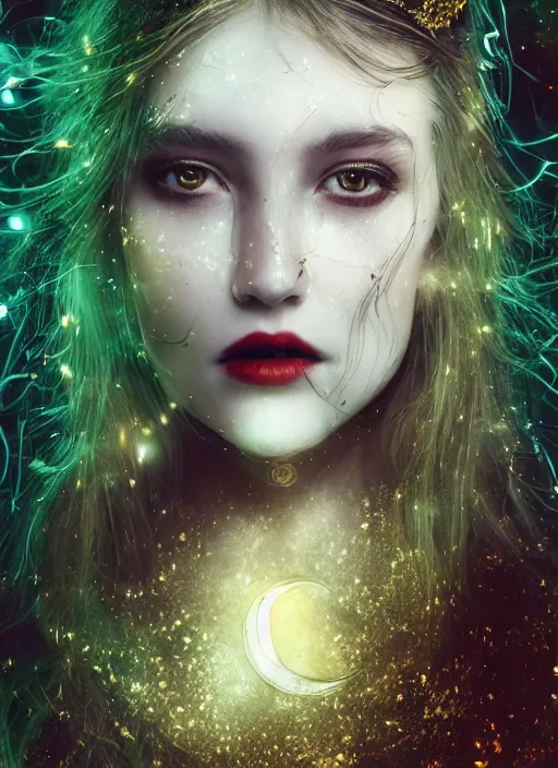Prompt: white moon, glowing silver and golden elements, full close-up portrait, young female model from shutterstock as a dark witch, book cover, green forest, red lips, establishing shot, extremly high detail, photo-realistic, cinematic lighting, pen and ink, intricate line drawings, by Yoshitaka Amano, Ruan Jia, Kentaro Miura, Artgerm, post processed, concept art, artstation, matte painting, style by eddie, raphael lacoste, alex ross