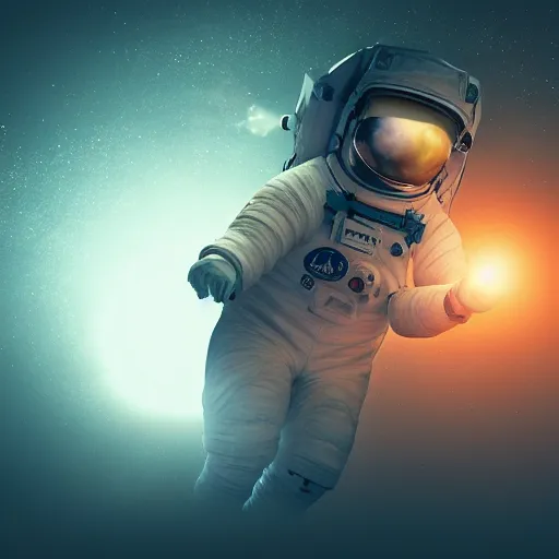 Prompt: realistic astronaut drifting afloat in space, in the darkness away from anyone else, alone, digital render, detailed, black background dotted with stars, concept art, realistic, 8 k