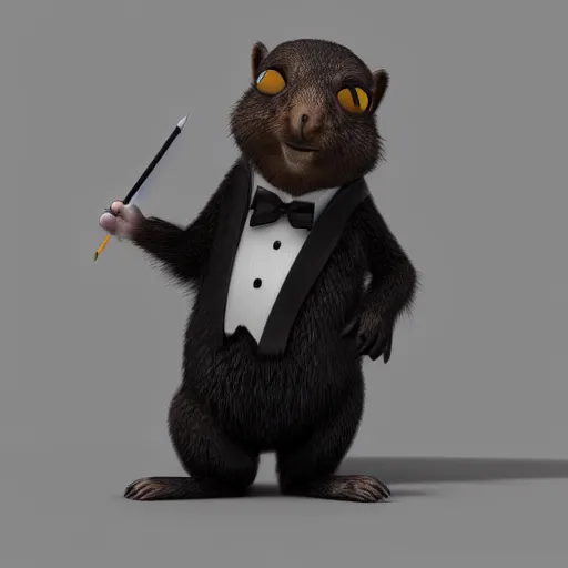 Prompt: cute anthro brown marmot in a black tuxedo while holding a pencil, pixar character, digital art, 3 d rendered in octane, blender, maya, shadows, lighting
