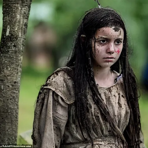 Image similar to a young girl of 1 5 years with black hair in a muddy medieval village square has raised her father from the dead to protect her from angry villagers