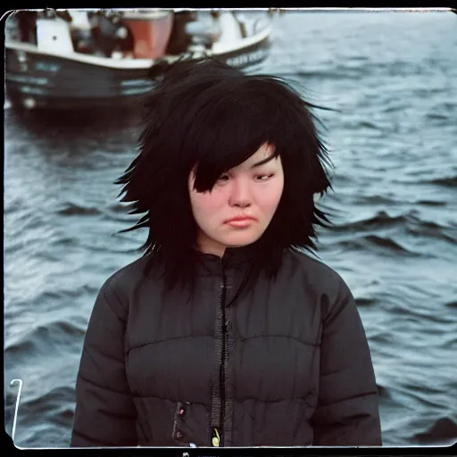 Prompt: black - haired girl with wild spiky black saiyan hair with long bangs over her eyes, hair covering eyes, muscular, wearing casual clothing, standing on an alaskan fishing vessel, mekoryuk, alaska, 1 9 6 5, polaroid, kodachrome, grainy photograph