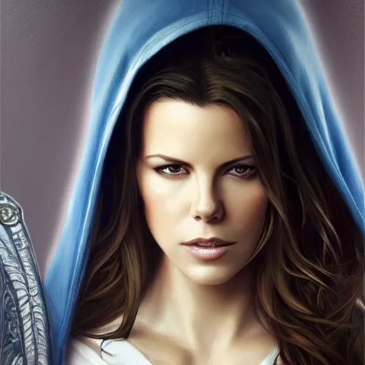 Image similar to ultra realistic illustration, a kate beckinsale in a white hood, with brown hair, with blue eyes, intricate, elegant, highly detailed, digital painting, artstation, concept art, smooth, sharp focus, illustration, art by artgerm and greg rutkowski and alphonse mucha