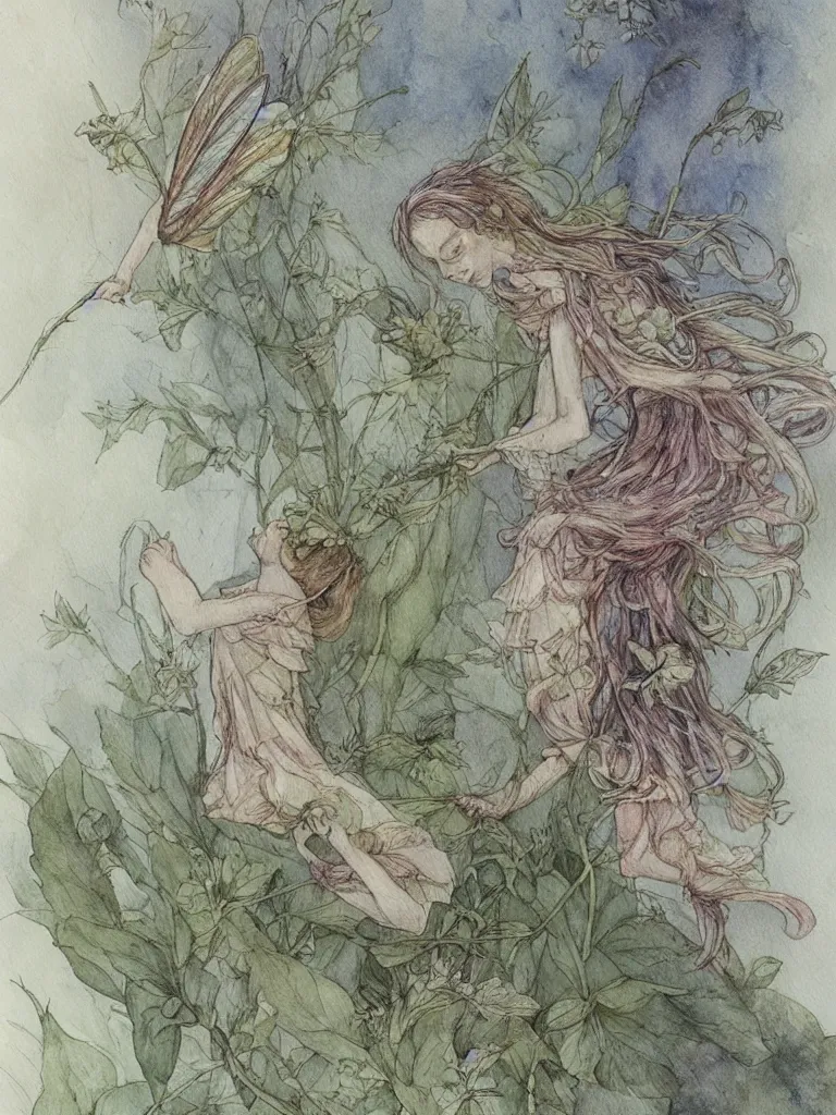 Image similar to annotated study of a flower fairy, illustration, watercolor, alan lee, detailed, pretty, ethereal,