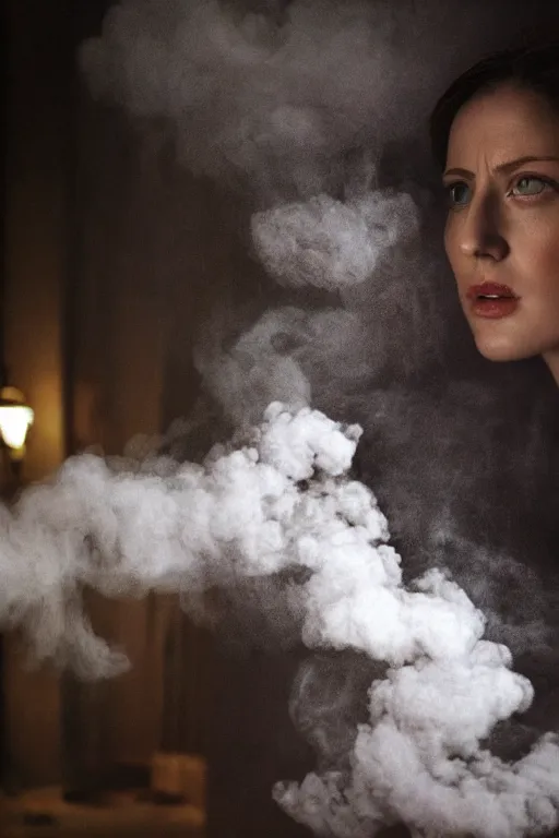 Image similar to 4k Detailed portrait by Gregory Crewdson of A woman shrouded in a cloud of smoke