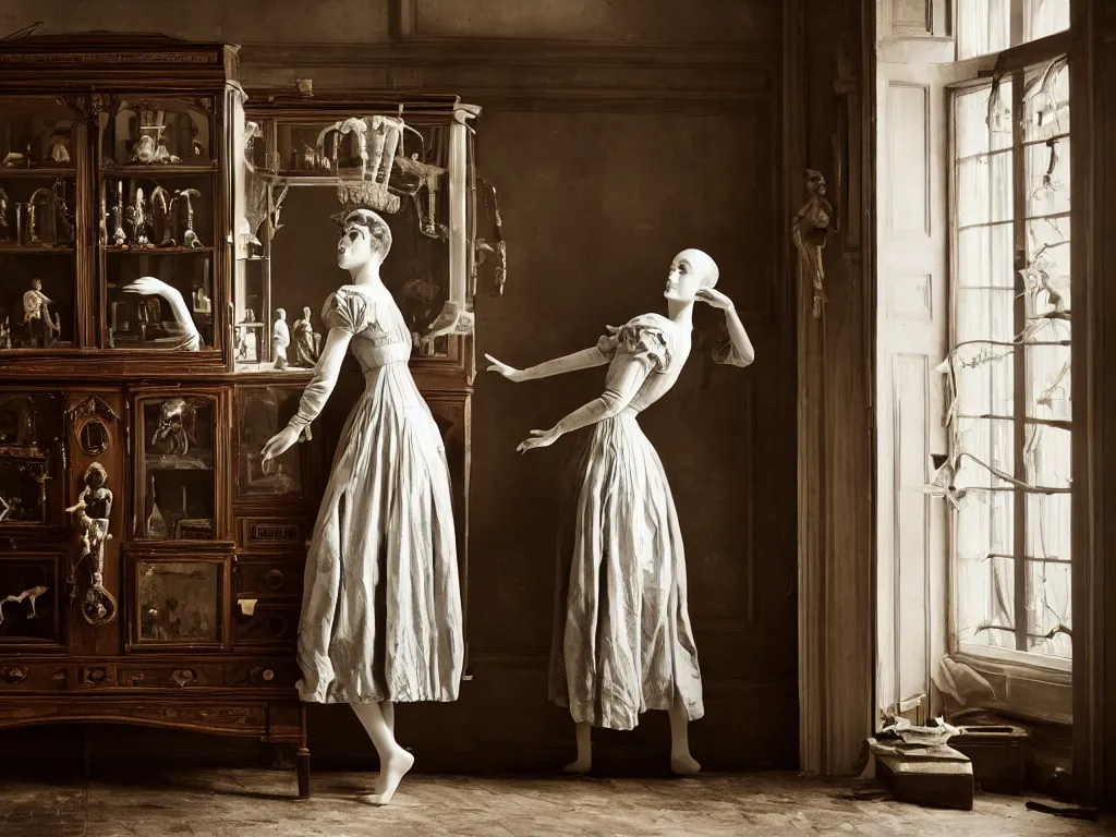 Image similar to old photography of a beautiful automaton girl in a victorian cabinet decor, small windows, antiquities, man ray, alfred ghisoland, gregory crewdson, miss aniela, erwin olaf, 4 k,