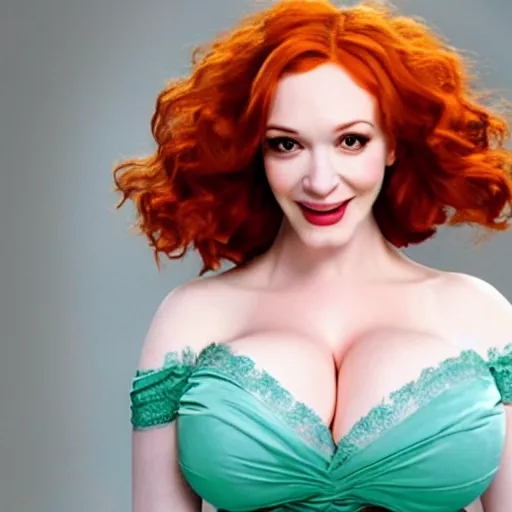 Prompt: Christina Hendricks bust, ice cream between chest, crying, body realistic,