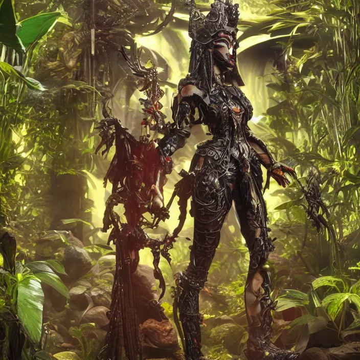 Image similar to mystical evil android queen with obsidian eyes, wearing an elaborate helmet, in a jungle, octane render, 8 k, unreal engine, by todd mcfarlane and artgerm and greg rutkowski and alphonse mucha