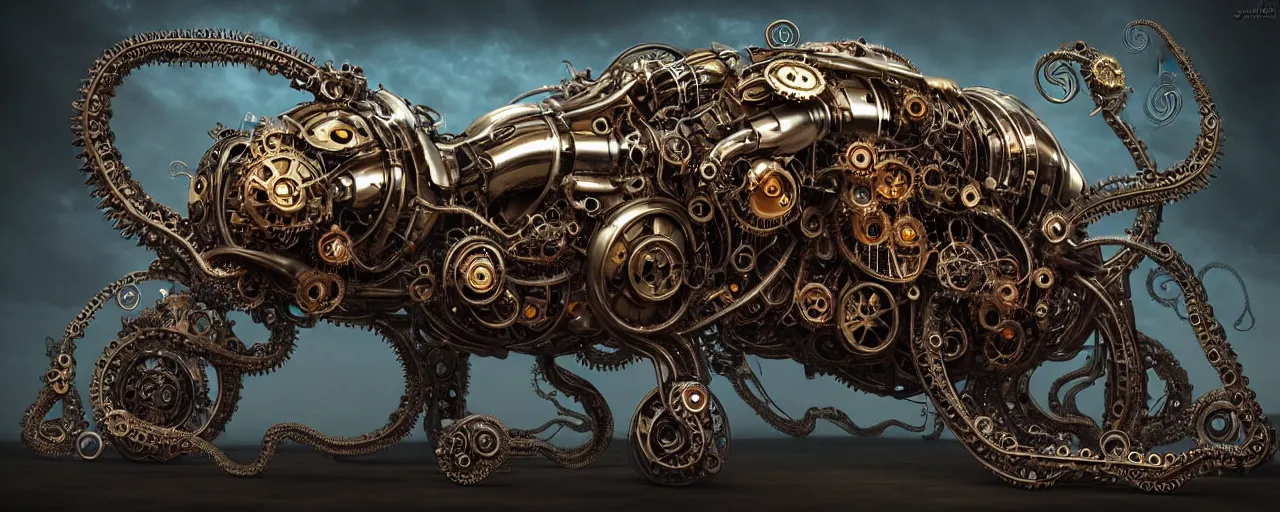 Image similar to biomechanical shiny steampunk!!! vehicle reminiscent of bugatti chiron with (glowing) lights and octopus tentacles parked in ancient mystic woods, gothic and baroque, brutalist architecture, ultradetailed, creepy ambiance, fog, artgerm, giger, Intricate by Ellen Jewett and Josan Gonzalez and Giuseppe Arcimboldo