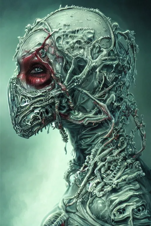 Image similar to realistic portrait of beautifully crystalized and detailed portrait of a biomech zombie woman wearing a gasmask, matte painting of cinematic movie scene red dragon, horror, created by gustave dore and greg rutkowski, high detailed, smooth draw, synthwave neon retro, intricate, realistic proportions, dramatic lighting, trending on artstation.