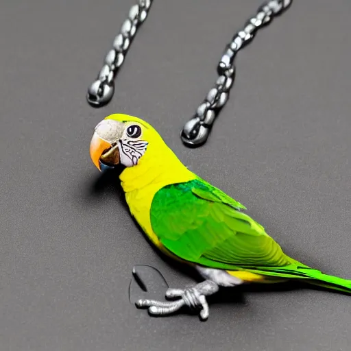 Prompt: a photo of a green parrot with a chain necklace around it's neck, the parrot is wearing the chain necklace around his neck, ultra high detail, 8 k.