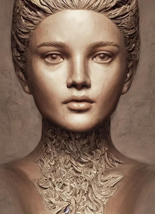 Image similar to sculpture made of wood, portrait, female, future, harper's bazaar, vogue, magazine, intricate, concept art, close up, ornate, luxury, elite, elegant, trending on artstation, by ruan jia, by Kenneth Willardt, by ross tran, by WLOP, by Andrei Riabovitchev,