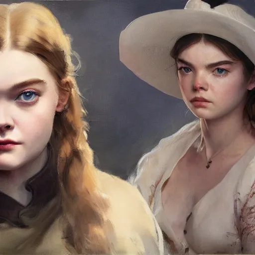 Image similar to ultra realistic portrait painting of elle fanning, ana de armas, anya taylor - joy as a western outlaw, art by frank frazetta, 4 k, ultra realistic, highly detailed, epic lighting