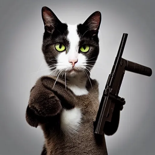 Prompt: “A cat, holding a gun in its paws”