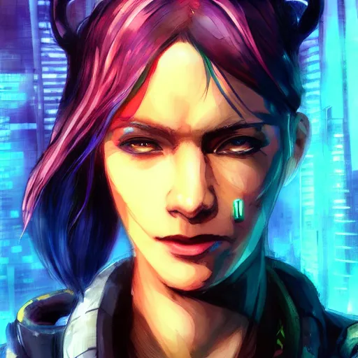 Image similar to cyberpunk character portrait in the style of thomas river and artgerm, lean face, cinematic lighting, sci - fi background, watercolor, low detail