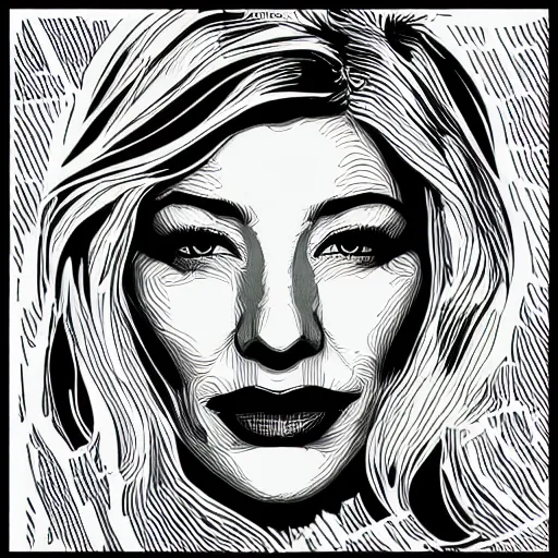 Prompt: a simplified black and white vector based illustration of cate blanchett, created in Adobe illustrator, black ink shading on white background, smooth vector curves, vinyl cut ready