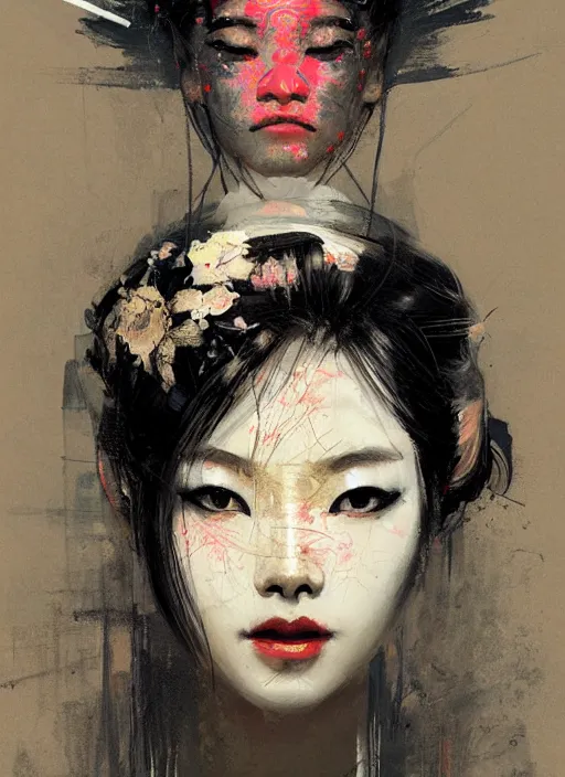 Image similar to female geisha girl, beautiful face, neon, rule of thirds, intricate outfit, spotlight, by greg rutkowski, by jeremy mann, digital painting