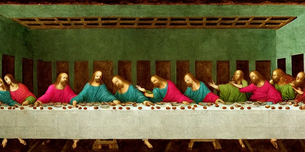 Image similar to the last supper with green sentient blobs, horror, painted by leonardo da vinci