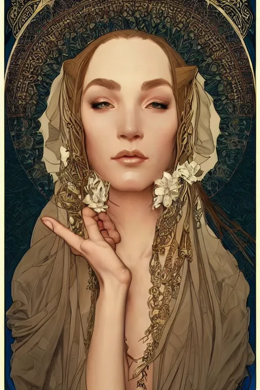 Prompt: high priestess, intricate, elegant, highly detailed, concept art, sharp focus, beautiful face!!, digital art, smooth defined outlines!!, human anatomy, human structure, by Brom, trending on Artstation, Alphonse Mucha