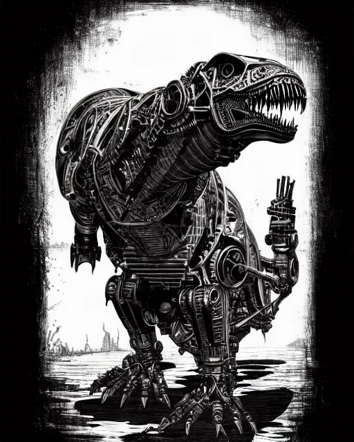 Prompt: a majestic steampunk cyborg t - rex, high details, bold line art, by vincent di fate and joe fenton, inking, etching, screen print, masterpiece, trending on artstation, sharp, high contrast, hyper - detailed,, hd, 4 k, 8 k