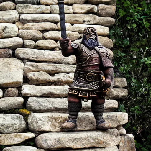 Image similar to Confused warrior dwarf standing on stone spiral staircase