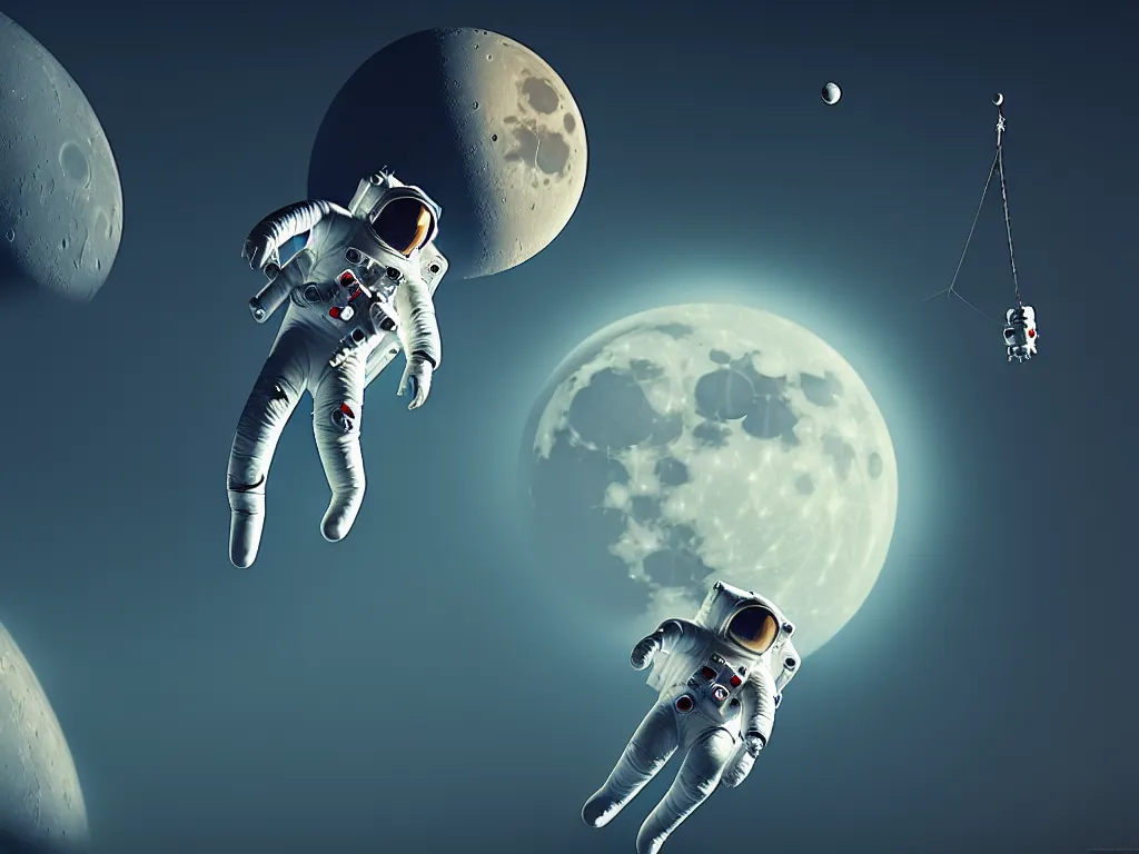 Image similar to an astronaut from the 60s with a tether floating towards the moon, science fiction industrial hard science concept art, 8K render octane high definition cgsociety