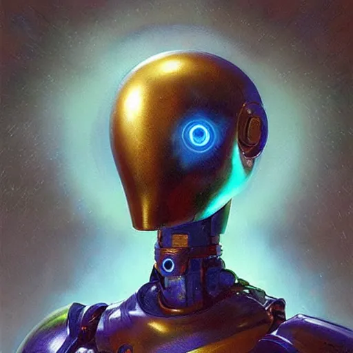 Prompt: a humanoid robot, with blue skin, green metallic joints exposed, golden armour moulded onto its torso. it's head is smooth, with circular eyes that glow. fantasy painting by greg rutkowski