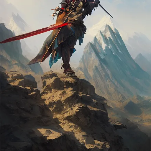 Prompt: mountain made of swords, sunny day, matte painting, bold shapes, hard edges, street art, trending on artstation, by huang guangjian, gil elvgren, ruan jia, randy vargas, greg rutkowski