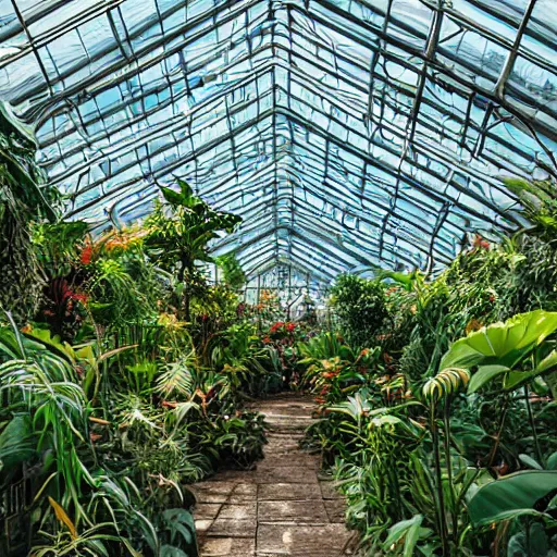 Prompt: the interior of a beautiful tropical flower greenhouse, by alena aenami