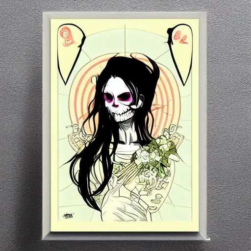 Image similar to anime manga skull portrait young woman hair Joker comic skeleton illustration style by Alphonse Mucha warhol pop art nouveau