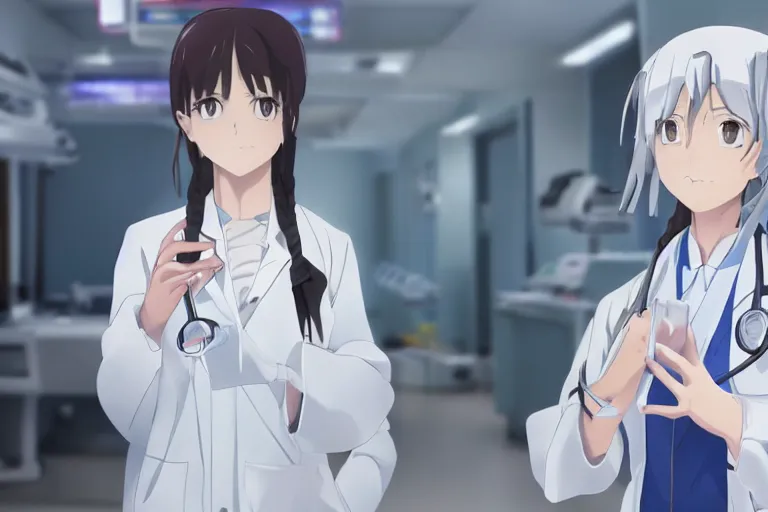 Image similar to a cute and beautiful young lady, a radiologist wearing white coat in a hospital ward, highly detailed, slice of life anime, anime scenery by Makoto shinkai