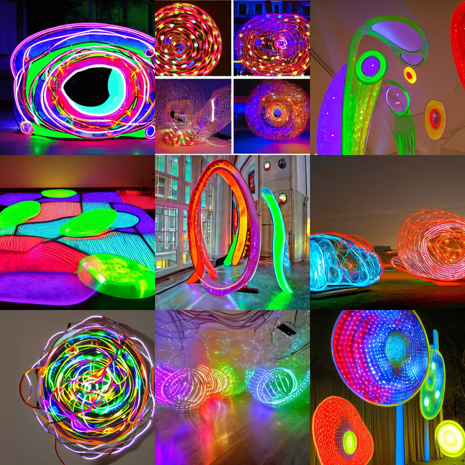 Prompt: quantum connections represented as symbiotic organisms like cells playing around with colorful lights by ron arad