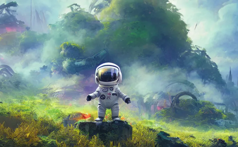 Image similar to a beautiful painting of a cute adorable kawaii futuristic vr plastic android astronaut sitting on a lush planet of foliage, the destroyed wreckage of a crashed spaceship, steam, thick colorful smoke, ross tran, ron walotsky, greg rutkowski, trending on artstation