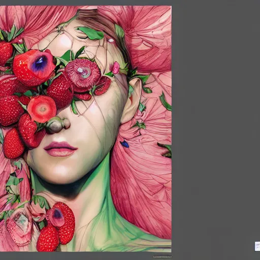 Image similar to the portrait of an absurdly beautiful, graceful, elegant, sophisticated woman made of strawberries and green petals, an ultrafine hyperdetailed illustration by kim jung gi, irakli nadar, fitness model, intricate linework, bright colors, octopath traveler, final fantasy, unreal engine 5 highly rendered, global illumination, radiant light, detailed and intricate environment