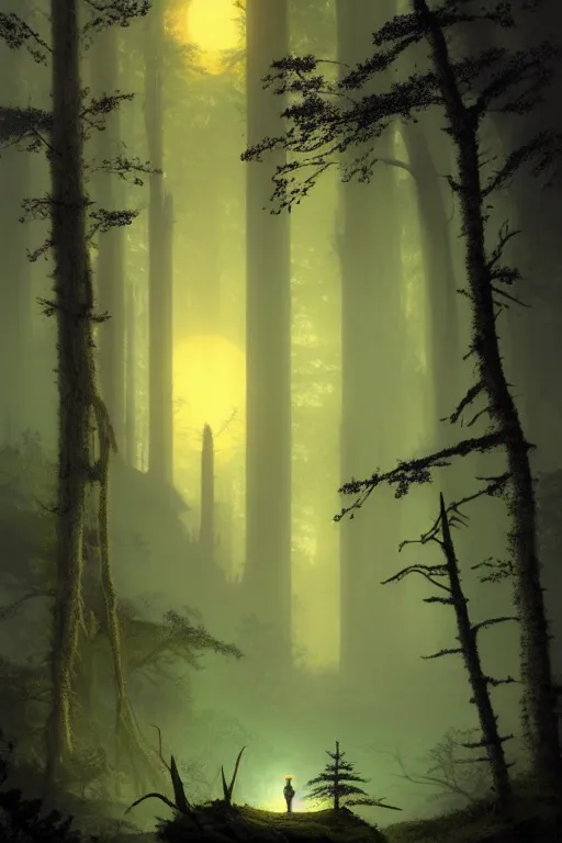 Image similar to emissary a dark moody forest moon home of the furry yellow eyed ewoks, small fires illuminating the forest, foggy blue hour, light traveling through the trees, small creek, ( designated : ix 3 2 4 4 - a ) by arthur haas and bruce pennington and john schoenherr, cinematic matte painting, 8 k, dark color palate