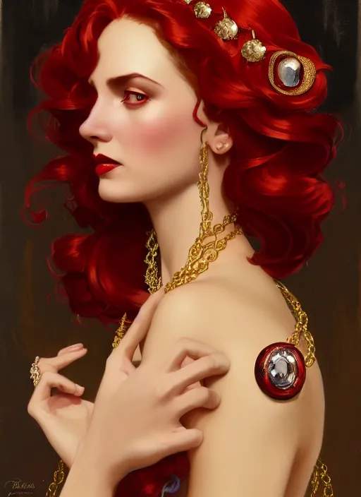 Prompt: ombre velvet gown, face by leyendecker, lovely queen, portrait, long red hair, small crown, dozens of jeweled necklaces, feral languid woman, by greg rutkowski, anato finnstark, alphonse mucha, global illumination, radiant light