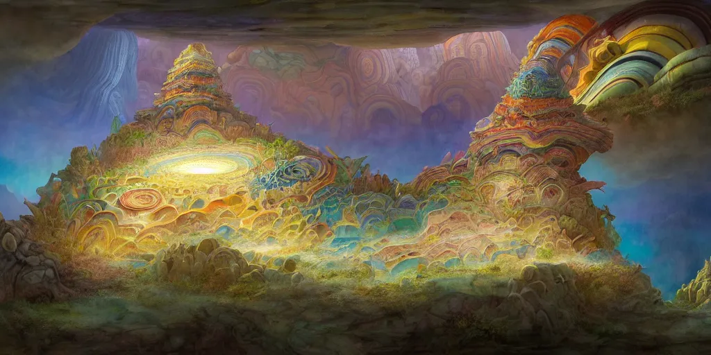 Prompt: a fantasy temple sits on top of a cross section of surreal geological biome chart with concentric layers of colourful strata forming a surreal tiered geological formation whith an , colourful strata, underground tunnel network, swirling clouds, pools of water, on dark paper, by peter mohrbacher, tarmo juhola, ivan laliashvili, james gurney, moebius, roger dean + wide angle view + v-ray + unreal engine + real life natural photo + daz studio iray + 8k textures ultra hd shaders + HDR lighting, ray traced, vue render, artstation