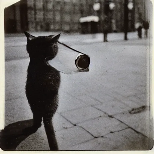 Image similar to wide-shot eyesight first-person!!! reflection!!! of a cat drinking water from the puddle at the street, polaroid photo, by Andy Warhol, signed