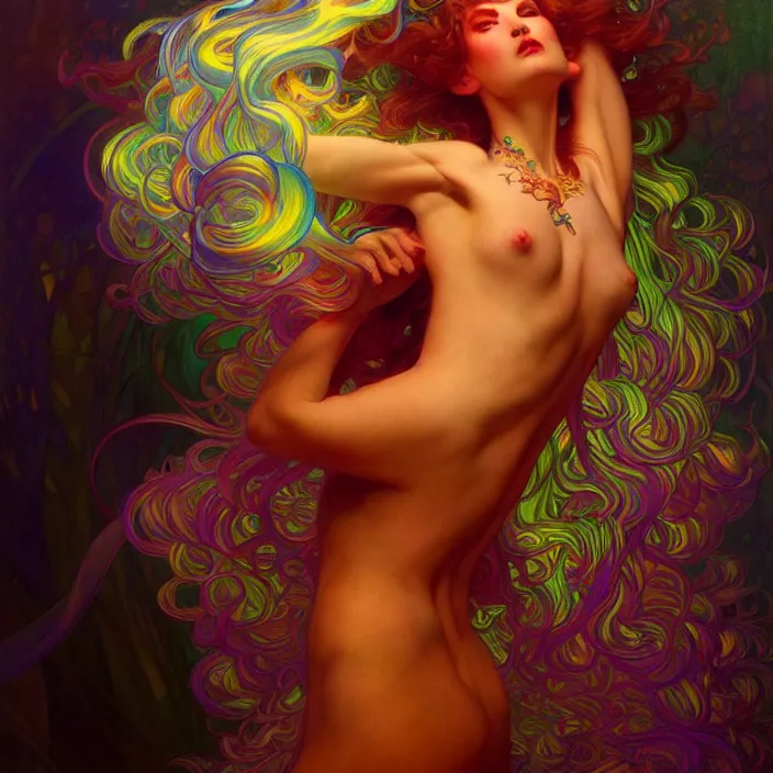 Image similar to bright psychedelic 4th dimension, diffuse lighting, fantasy, intricate, elegant, highly detailed, lifelike, photorealistic, digital painting, artstation, illustration, concept art, smooth, sharp focus, art by John Collier and Albert Aublet and Krenz Cushart and Artem Demura and Alphonse Mucha