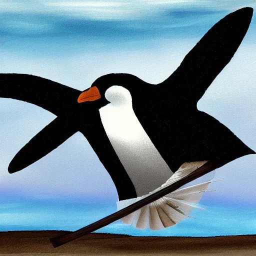 Image similar to penguin on a flying windmill by greg ruthkowski