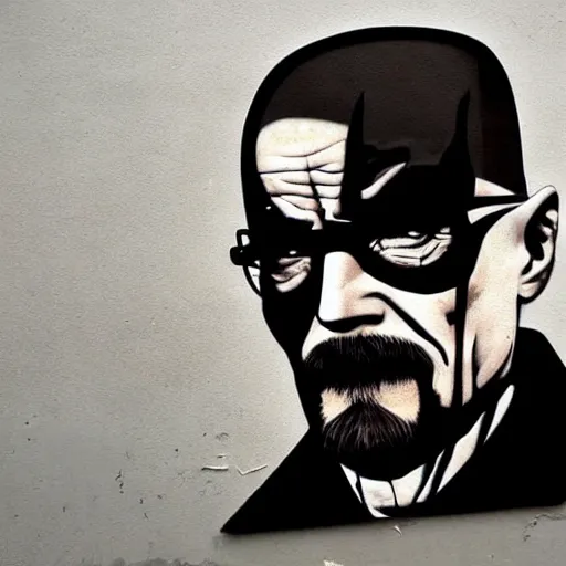Prompt: Walter White as Batman, Heisenberg as the Dark Knight, Urban Graffiti Banksy, Bordalo, trending on artstation