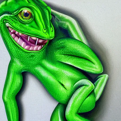 Prompt: zoey deschanel as a smiling laughing bright green lizard person, airbrush painting, hyper detailed, 8 k, photorealism, rule of thirds,.