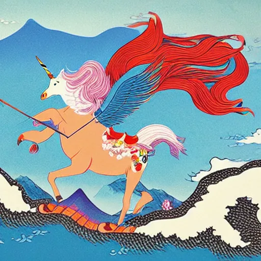 Image similar to bird riding a unicorn in the rocky mountains, japanese animals style